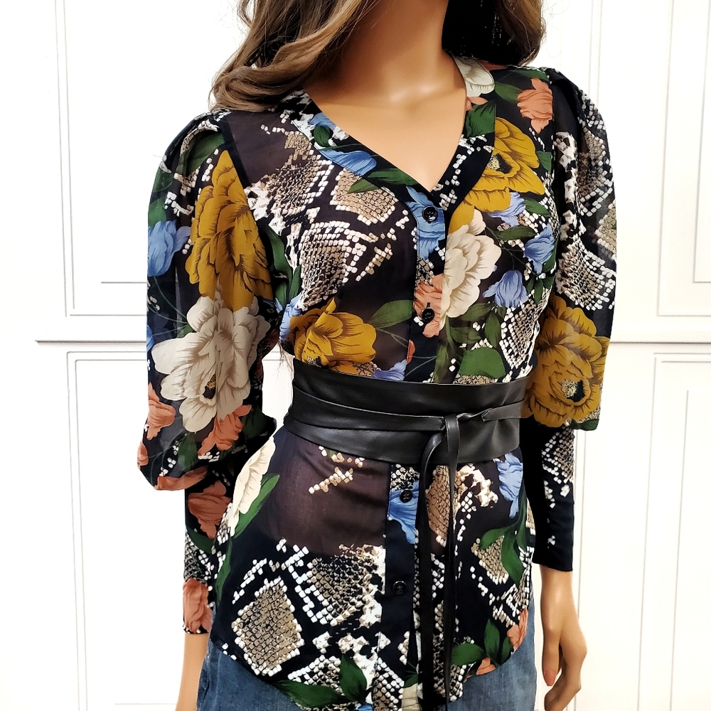 CABI Floral Balloon Sleeve Top XS Sheer Chiffon Animal Snake Print Button Black